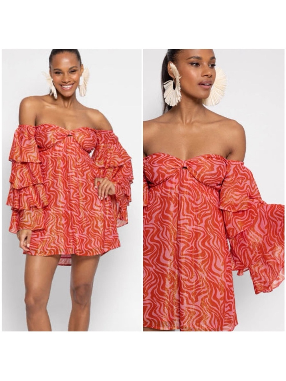Sundress Noemia Marbella Savannah Metallic Ruffle Mini Dress Red Pink NWT